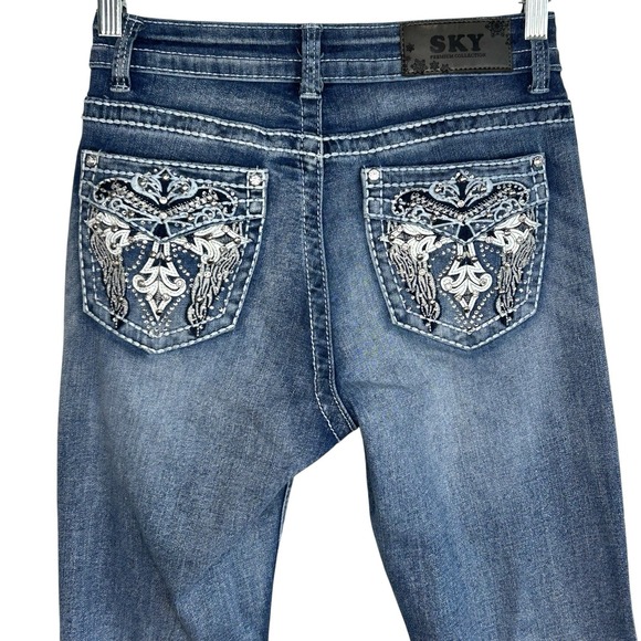 Vintage Sky Y2k Flare Jeans 7/8 Rhinestones Embroidered Indie Hipster Retro 90s - Picture 3 of 12